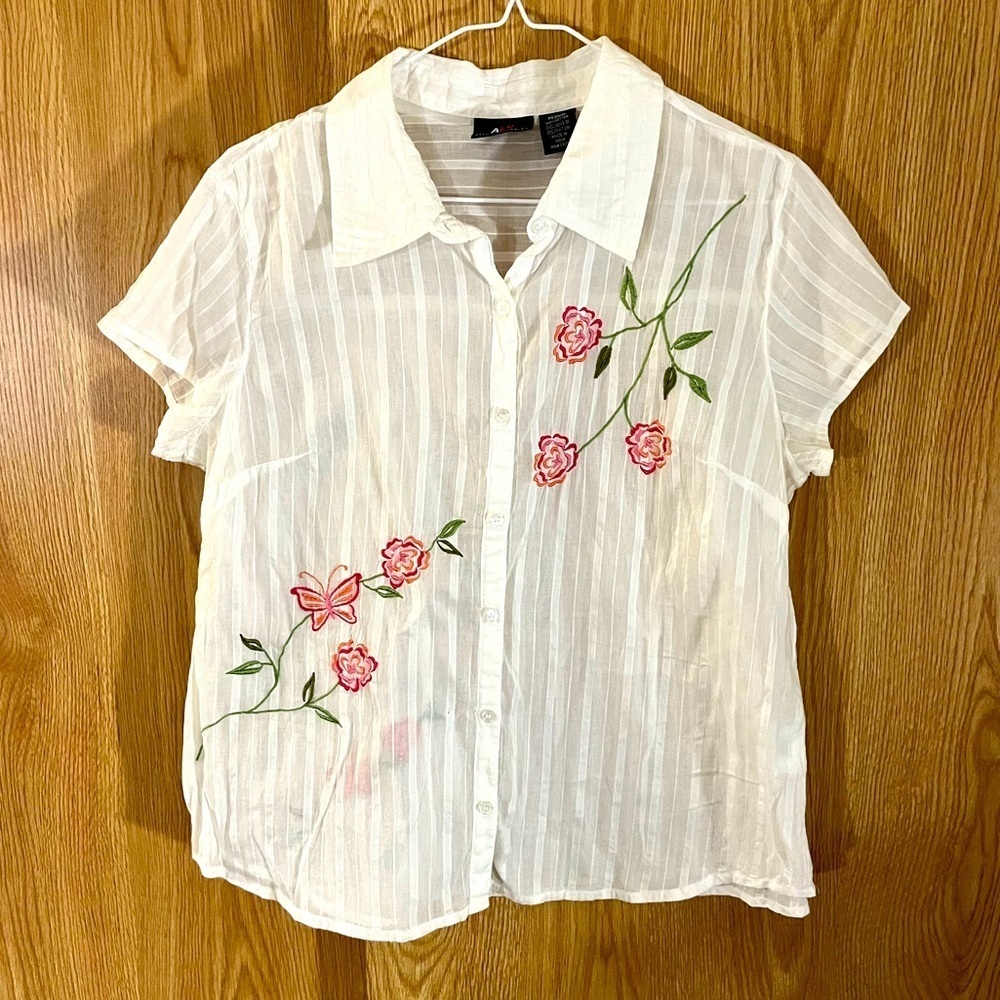 White Floral/ Butterfly Embroidered Sheer 100% Cotton Button Top